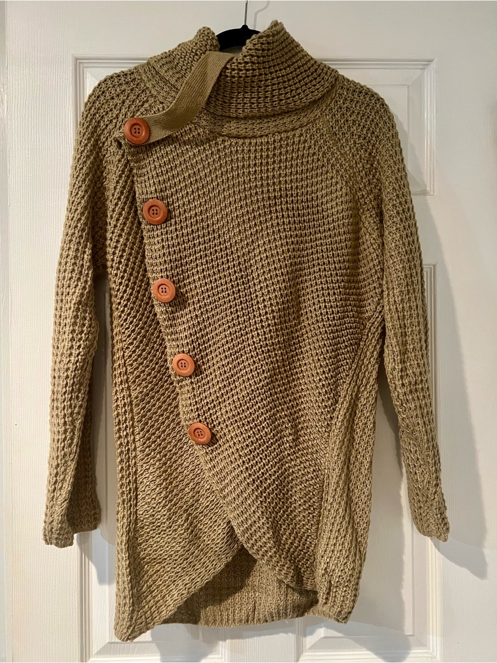 Cozy Cowl Neck Button-Front Sweater - Tan